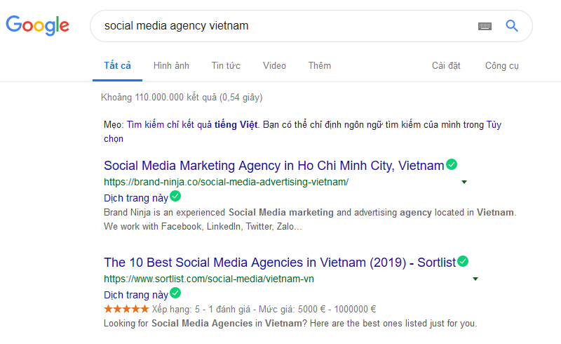 A screenshot showing Brand Ninja ranked firs on google